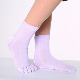 1pair Rainbow Color Non-slip Towel Bottom Yoga Socks, Cozy 5 Toes Split Knitted Calf Crew Socks, Women's Yoga Socks (Color: Light Volet)