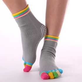 1pair Rainbow Color Non-slip Towel Bottom Yoga Socks, Cozy 5 Toes Split Knitted Calf Crew Socks, Women's Yoga Socks (Color: Color Toe Gray)