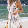 Solid Color Hollow Out Dress Without Bikini, V Neck See Through Split Crochet Cover Up Dress, Women's Swimwear & Clothing