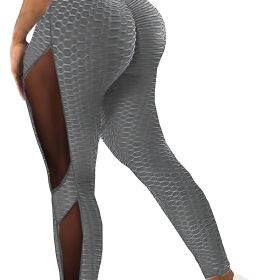 Honeycomb Mesh Contrast Leggings, Sporty Skinny High Waist Lifting Yoga Leggings, Women's Clothing (Color: Grey)