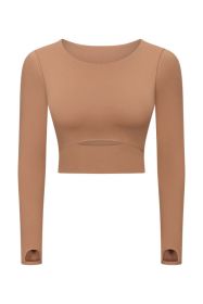 Cut Out Front Crop Yoga Tee (Color: Brown)